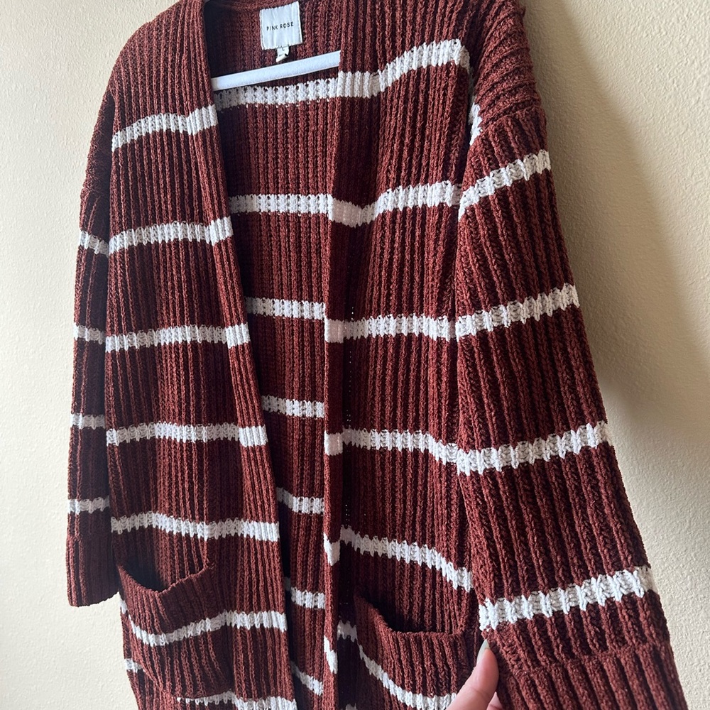 Pink Rose Brown and White Striped Cardigan